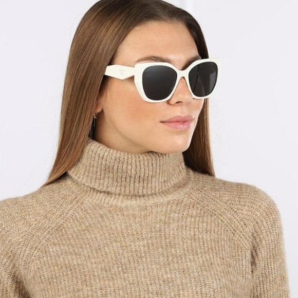 Prada PR19ZS 1425S0 Sunglasses Talc White Dark Grey Rectangle Women - Picture 1 of 8